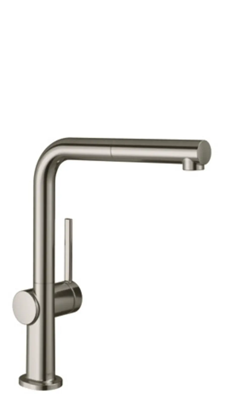 Spültischmischer von Hansgrohe in Edelstahl-Optik mit Ausziehauslauf und einem Jet, geeignet für moderne Küchenarmaturen.